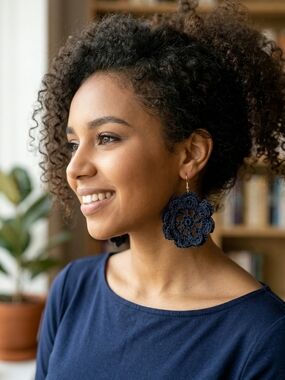 Handmade Black Crochet Flower Drop Earrings